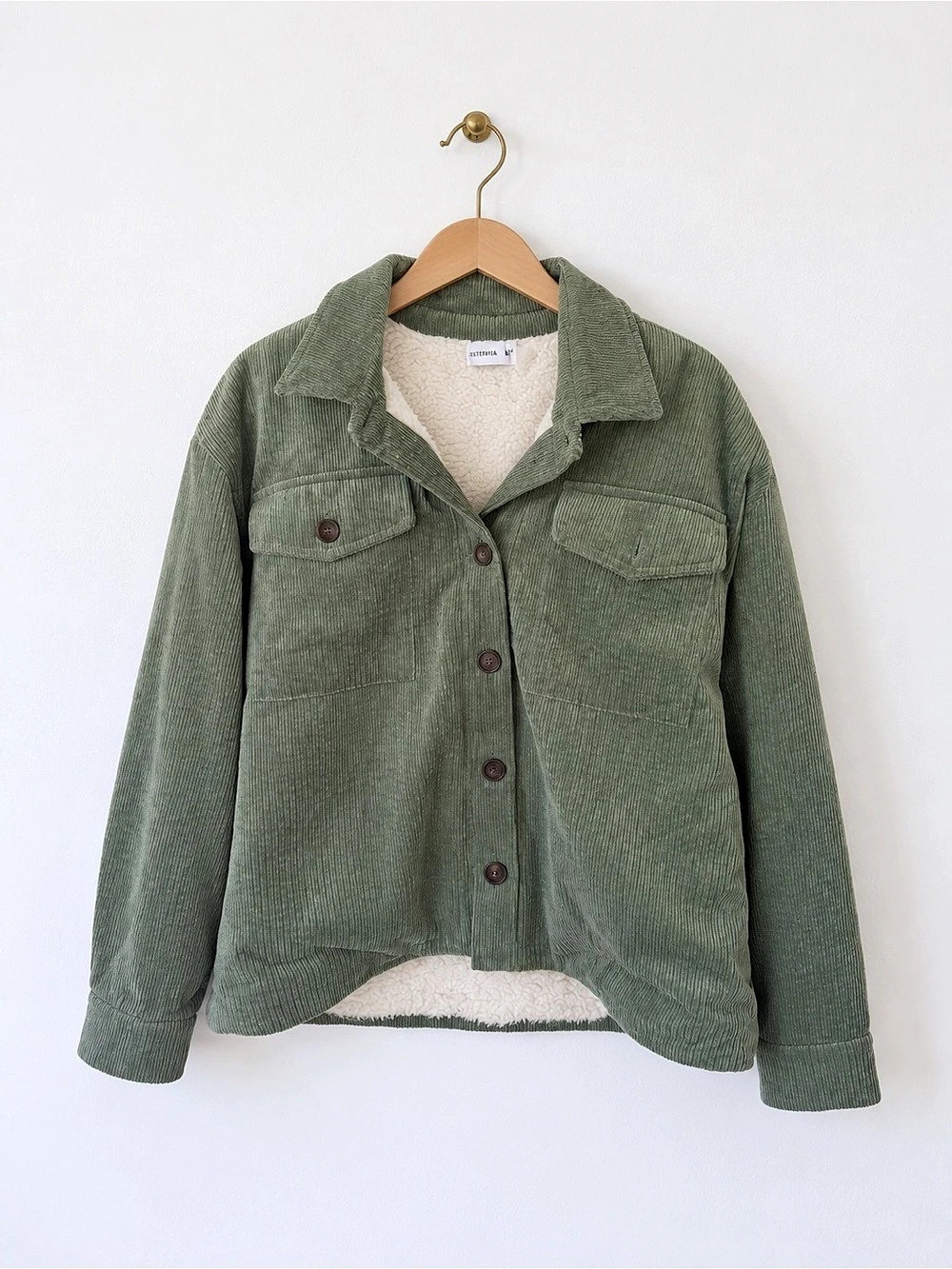 CISONO Sherpa Lined Corduroy Jacket Shacket Green & White
